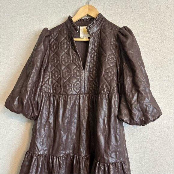 Emily McCarthy XXS Brown FX Leather Puff Sleeve Dress Matrix Steampunk Wet Look - Picture 4 of 16